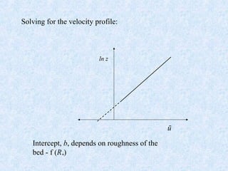 Solving for the velocity profile:
ln z
ū
Intercept, b, depends on roughness of the
bed - f (R*)
 