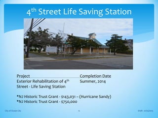 Project Completion Date
Exterior Rehabilitation of 4th Summer, 2014
Street - Life Saving Station
*NJ Historic Trust Grant - $143,031 – (Hurricane Sandy)
*NJ Historic Trust Grant - $750,000
Draft - 01/15/2015City of Ocean City 12
4th Street Life Saving Station
 