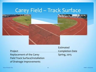 Estimated
Project Completion Date
Replacement of the Carey Spring, 2015
Field Track Surface/Installation
of Drainage Improvements
Draft - 01/15/2015City of Ocean City 20
Carey Field – Track Surface
 