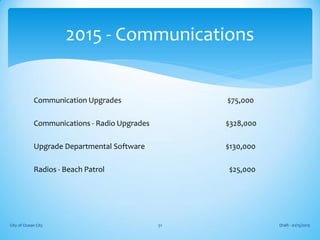 Communication Upgrades $75,000
Communications - Radio Upgrades $328,000
Upgrade Departmental Software $130,000
Radios - Beach Patrol $25,000
Draft - 01/15/2015City of Ocean City 51
2015 - Communications
 