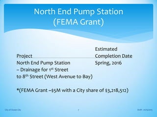 Estimated
Project Completion Date
North End Pump Station Spring, 2016
– Drainage for 1st Street
to 8th Street (West Avenue to Bay)
*(FEMA Grant ~$5M with a City share of $3,218,512)
Draft - 01/15/2015City of Ocean City 7
North End Pump Station
(FEMA Grant)
 