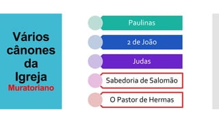 Vários
cânones
da
Igreja
Muratoriano
Paulinas
2 de João
Judas
Sabedoria de Salomão
O Pastor de Hermas
 