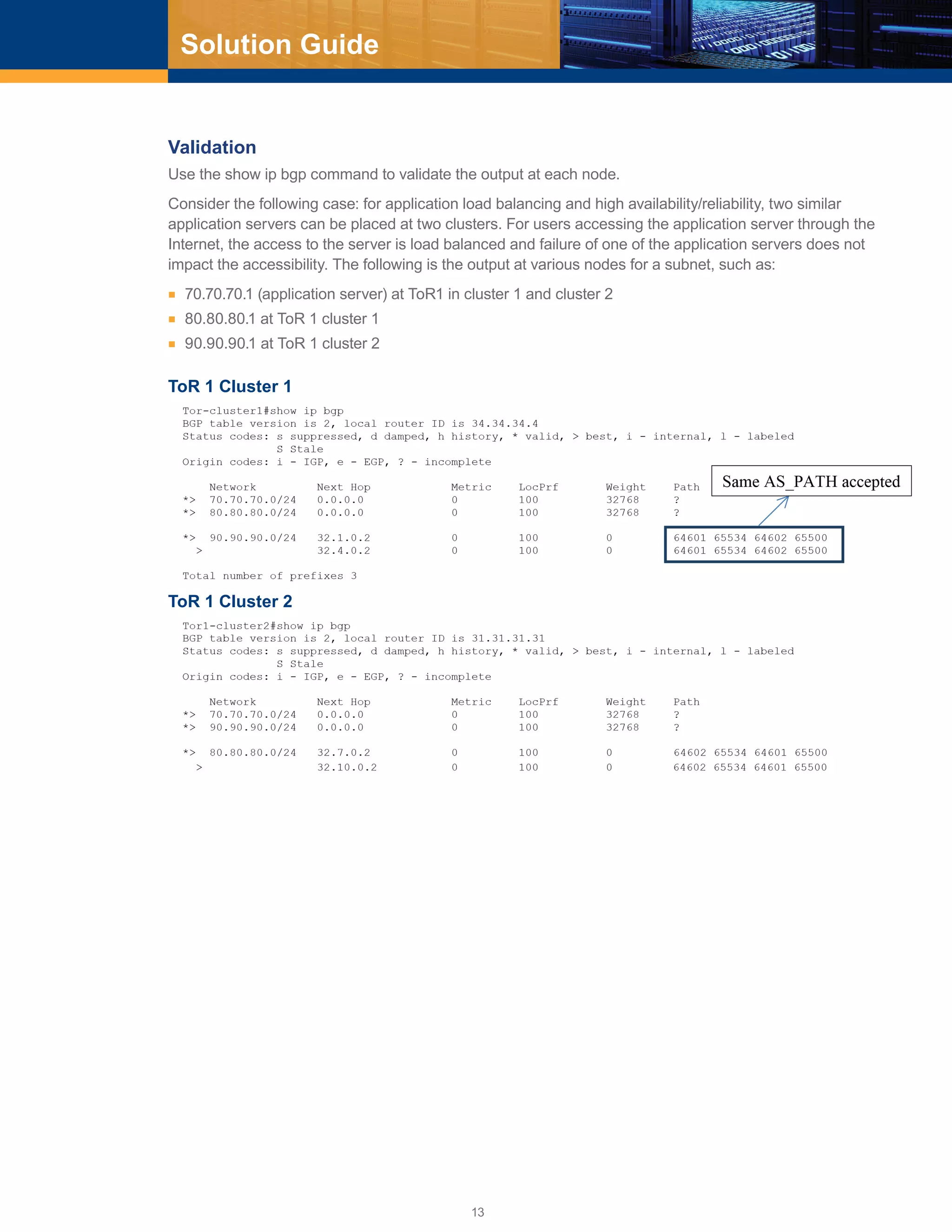13
Solution Guide
Validation
Use the show ip bgp command to validate the output at each node.
Consider the following case: for application load balancing and high availability/reliability, two similar
application servers can be placed at two clusters. For users accessing the application server through the
Internet, the access to the server is load balanced and failure of one of the application servers does not
impact the accessibility. The following is the output at various nodes for a subnet, such as:
■■ 70.70.70.1 (application server) at ToR1 in cluster 1 and cluster 2
■■ 80.80.80.1 at ToR 1 cluster 1
■■ 90.90.90.1 at ToR 1 cluster 2
ToR 1 Cluster 1
ToR 1 Cluster 2
 