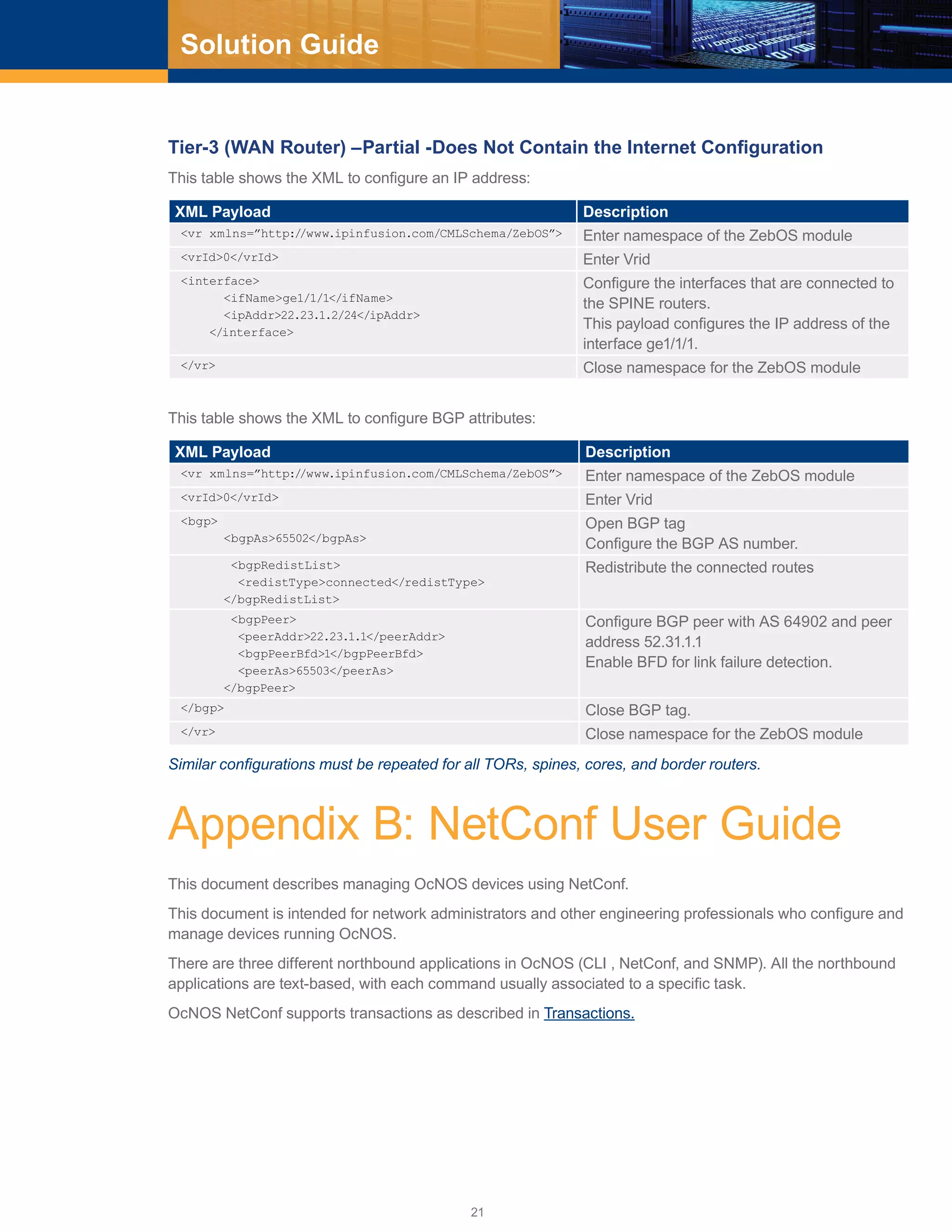 21
Solution Guide
Tier-3 (WAN Router) –Partial -Does Not Contain the Internet Configuration
This table shows the XML to configure an IP address:
XML Payload Description
<vr xmlns=”http://www.ipinfusion.com/CMLSchema/ZebOS”> Enter namespace of the ZebOS module
<vrId>0</vrId> Enter Vrid
<interface>
<ifName>ge1/1/1</ifName>
<ipAddr>22.23.1.2/24</ipAddr>
</interface>
Configure the interfaces that are connected to
the SPINE routers.
This payload configures the IP address of the
interface ge1/1/1.
</vr> Close namespace for the ZebOS module
This table shows the XML to configure BGP attributes:
XML Payload Description
<vr xmlns=”http://www.ipinfusion.com/CMLSchema/ZebOS”> Enter namespace of the ZebOS module
<vrId>0</vrId> Enter Vrid
<bgp>
<bgpAs>65502</bgpAs>
Open BGP tag
Configure the BGP AS number.
<bgpRedistList>
<redistType>connected</redistType>
</bgpRedistList>
Redistribute the connected routes
<bgpPeer>
<peerAddr>22.23.1.1</peerAddr>
<bgpPeerBfd>1</bgpPeerBfd>
<peerAs>65503</peerAs>
</bgpPeer>
Configure BGP peer with AS 64902 and peer
address 52.31.1.1
Enable BFD for link failure detection.
</bgp> Close BGP tag.
</vr> Close namespace for the ZebOS module
Similar configurations must be repeated for all TORs, spines, cores, and border routers.
Appendix B: NetConf User Guide
This document describes managing OcNOS devices using NetConf.
This document is intended for network administrators and other engineering professionals who configure and
manage devices running OcNOS.
There are three different northbound applications in OcNOS (CLI , NetConf, and SNMP). All the northbound
applications are text-based, with each command usually associated to a specific task.
OcNOS NetConf supports transactions as described in Transactions.
 