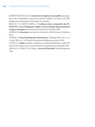 124 ORIENTAÇÕES CURRICULARES PARA O ENSINO MÉDIO
QUIRINO DE SOUZA, R. R. O professor de inglês da escola pública: investiga-
ções sobre as identidades numa mesma rede de conﬂitos. São Paulo: USP, 2006.
Pesquisa para elaboração de dissertação de mestrado.
ROJO, R. H. R.; MOITA LOPES, L. P. Avaliação crítica e propositiva dos PC-
NEM-PCN+,área de linguagens,códigos e suas tecnologias,língua portuguesa
e línguas estrangeiras. Documento para discussão. Setembro 2004.
SOARES, M. Letramento: um tema em três gêneros. Belo Horizonte: Autêntica,
2004.
TEMPLE, C. Critical thinking and critical literacy. Thinking Classroom, v. 6, n.
2, April 2005, p. 15-20. Newark: International Reading Association, 2005.
UECHI, S. A. Inglês: disciplina – problema no ensino fundamental e médio? São
Paulo: USP. Pesquisa para o desenvolvimento de dissertação de mestrado, 2005.
VAN EK, J. A.; TRIM, J. L. M. (Orgs.). Across the Threshold. Oxford: Pergamon,
1984.
 