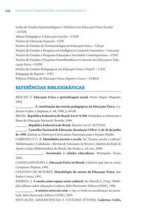 238 ORIENTAÇÕES CURRICULARES PARA O ENSINO MÉDIO
Linha de Estudos Epistemológicos e Didáticos em Educação Física Escolar
– UFSM
Museu Pedagógico: A Educação Escolar – UESB
Núcleo de Educação Especial – UFJF
Núcleo de Estudos de Fenomenologia em Educação Física – Ufscar
Núcleo de Estudos e Pesquisa em Inteligência Corporal Cinestésica – Unicamp
Núcleo de Estudos e Pesquisas Educação e Sociedade Contemporânea – UFSC
Núcleo de Estudos e Pesquisas Socioﬁlosóﬁcas e Culturais em Educação e Edu-
cação Física – UFPR
Núcleo de Estudos Pedagógicos em Educação Física (Nepef) – UFSC
Pedagogia do Esporte – UFG
Políticas Públicas de Educação Física, Esporte e Lazer – UFRGS
REFERÊNCIAS BIBLIOGRÁFICAS
BRACHT, V. Educação Física e aprendizagem social. Porto Alegre: Magister,
1992.
___________. A constituição das teorias pedagógicas da Educação Física. Ca-
dernos Cedes, Campinas, n. 48, 1999, p. 69-88.
BRASIL. República Federativa do Brasil. Lei nº 9.394: Estabelece as Diretrizes e
Bases da Educação Nacional. Brasília, 1996.
_______. República Federativa do Brasil. Decreto-Lei nº 10.793/03.
_______. Conselho Nacional de Educação. Resolução CEB nº 3, de 26 de junho
de 1998. Institui as Diretrizes Curriculares Nacionais para o Ensino Médio.
CARRANO, P. C. R. Identidades juvenis e escola. In: “Jovens, escola e cultura”,
Alfabetização e Cidadania – Revista de Educação de Jovens e Adultos da Rede de
Apoio à Ação Alfabetizadora do Brasil, São Paulo, n. 10, nov. 2000.
_________________. Juventudes e cidades educadoras. Petrópolis: Vozes,
2003.
CASTELLANI FILHO, L. Educação Física no Brasil: a história que não se conta.
Campinas: Papirus, 1991.
COLETIVO DE AUTORES. Metodologia do ensino da Educação Física. São
Paulo: Cortez, 1992.
DAYRELL, J. A escola como espaço sócio-cultural. In: Dayrell, J. (Org). Múlti-
plos olhares sobre educação e cultura. Belo Horizonte: Editora UFMG, 1996
___________. A música entra em cena: o rap e o funk na socialização da juven-
tude. Belo Horizonte: Editora UFMG, 2005.
EDUCAÇÃO, ADOLESCÊNCIAS E CULTURAS JUVENIS. Cadernos Cedes,
 