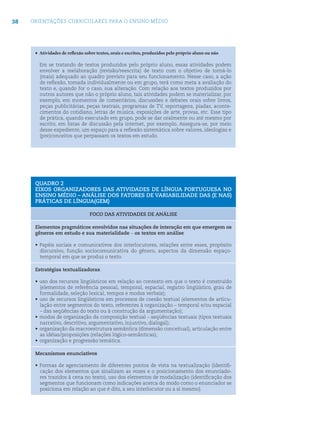 38 ORIENTAÇÕES CURRICULARES PARA O ENSINO MÉDIO
• Atividades de reﬂexão sobre textos, orais e escritos, produzidos pelo próprio aluno ou não
Em se tratando de textos produzidos pelo próprio aluno, essas atividades podem
envolver a reelaboração (revisão/reescrita) de texto com o objetivo de torná-lo
(mais) adequado ao quadro previsto para seu funcionamento. Nesse caso, a ação
de reﬂexão, tomada individualmente ou em grupo, terá como meta a avaliação do
texto e, quando for o caso, sua alteração. Com relação aos textos produzidos por
outros autores que não o próprio aluno, tais atividades podem se materializar, por
exemplo, em momentos de comentários, discussões e debates orais sobre livros,
peças publicitárias, peças teatrais, programas de TV, reportagens, piadas, aconte-
cimentos do cotidiano, letras de música, exposições de arte, provas, etc. Esse tipo
de prática, quando executado em grupo, pode se dar oralmente ou até mesmo por
escrito, em listas de discussão pela internet, por exemplo. Assegura-se, por meio
desse expediente, um espaço para a reﬂexão sistemática sobre valores, ideologias e
(pre)conceitos que perpassam os textos em estudo.
QUADRO 2
EIXOS ORGANIZADORES DAS ATIVIDADES DE LÍNGUA PORTUGUESA NO
ENSINO MÉDIO – ANÁLISE DOS FATORES DE VARIABILIDADE DAS (E NAS)
PRÁTICAS DE LÍNGUA(GEM)
FOCO DAS ATIVIDADES DE ANÁLISE
Elementos pragmáticos envolvidos nas situações de interação em que emergem os
gêneros em estudo e sua materialidade – os textos em análise
• Papéis sociais e comunicativos dos interlocutores, relações entre esses, propósito
discursivo, função sociocomunicativa do gênero, aspectos da dimensão espaço-
temporal em que se produz o texto.
Estratégias textualizadoras:
• uso dos recursos lingüísticos em relação ao contexto em que o texto é construído
(elementos de referência pessoal, temporal, espacial, registro lingüístico, grau de
formalidade, seleção lexical, tempos e modos verbais);
• uso de recursos lingüísticos em processos de coesão textual (elementos de articu-
lação entre segmentos do texto, referentes à organização – temporal e/ou espacial
– das seqüências do texto ou à construção da argumentação);
• modos de organização da composição textual – seqüências textuais (tipos textuais
narrativo, descritivo, argumentativo, injuntivo, dialogal);
• organização da macroestrutura semântica (dimensão conceitual), articulação entre
as idéias/proposições (relações lógico-semânticas);
• organização e progressão temática.
Mecanismos enunciativos
• Formas de agenciamento de diferentes pontos de vista na textualização (identiﬁ-
cação dos elementos que sinalizam as vozes e o posicionamento dos enunciado-
res trazidos à cena no texto), uso dos elementos de modalização (identiﬁcação dos
segmentos que funcionam como indicações acerca do modo como o enunciador se
posiciona em relação ao que é dito, a seu interlocutor ou a si mesmo).
 