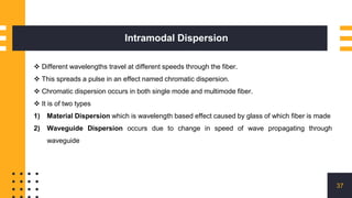 Intramodal Dispersion
37
 Different wavelengths travel at different speeds through the fiber.
 This spreads a pulse in an effect named chromatic dispersion.
 Chromatic dispersion occurs in both single mode and multimode fiber.
 It is of two types
1) Material Dispersion which is wavelength based effect caused by glass of which fiber is made
2) Waveguide Dispersion occurs due to change in speed of wave propagating through
waveguide
 