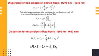 77
Dispersion for non-dispersion-shifted fibers (1270 nm – 1340 nm)
Dispersion for dispersion shifted fibers (1500 nm- 1600 nm)
2
0
0
0 )
(
2
)
( 



 


S
0
0 )
(
)
( S
D 

 

 