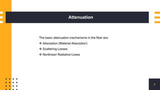 Attenuation
9
The basic attenuation mechanisms in the fiber are:
 Absorption (Material Absorption)
 Scattering Losses
 Nonlinear/ Radiative Loses
 
