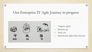 Our Enterprise IT Agile Journey in progress
I. Organic spark
II. Bottom-up
III. Scale out
IV. Intentional Agile Echo System
 
