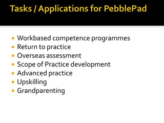  Workbased competence programmes
 Return to practice
 Overseas assessment
 Scope of Practice development
 Advanced practice
 Upskilling
 Grandparenting
 