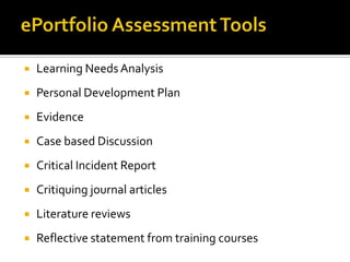 

Learning Needs Analysis



Personal Development Plan



Evidence



Case based Discussion



Critical Incident Report



Critiquing journal articles



Literature reviews



Reflective statement from training courses

 