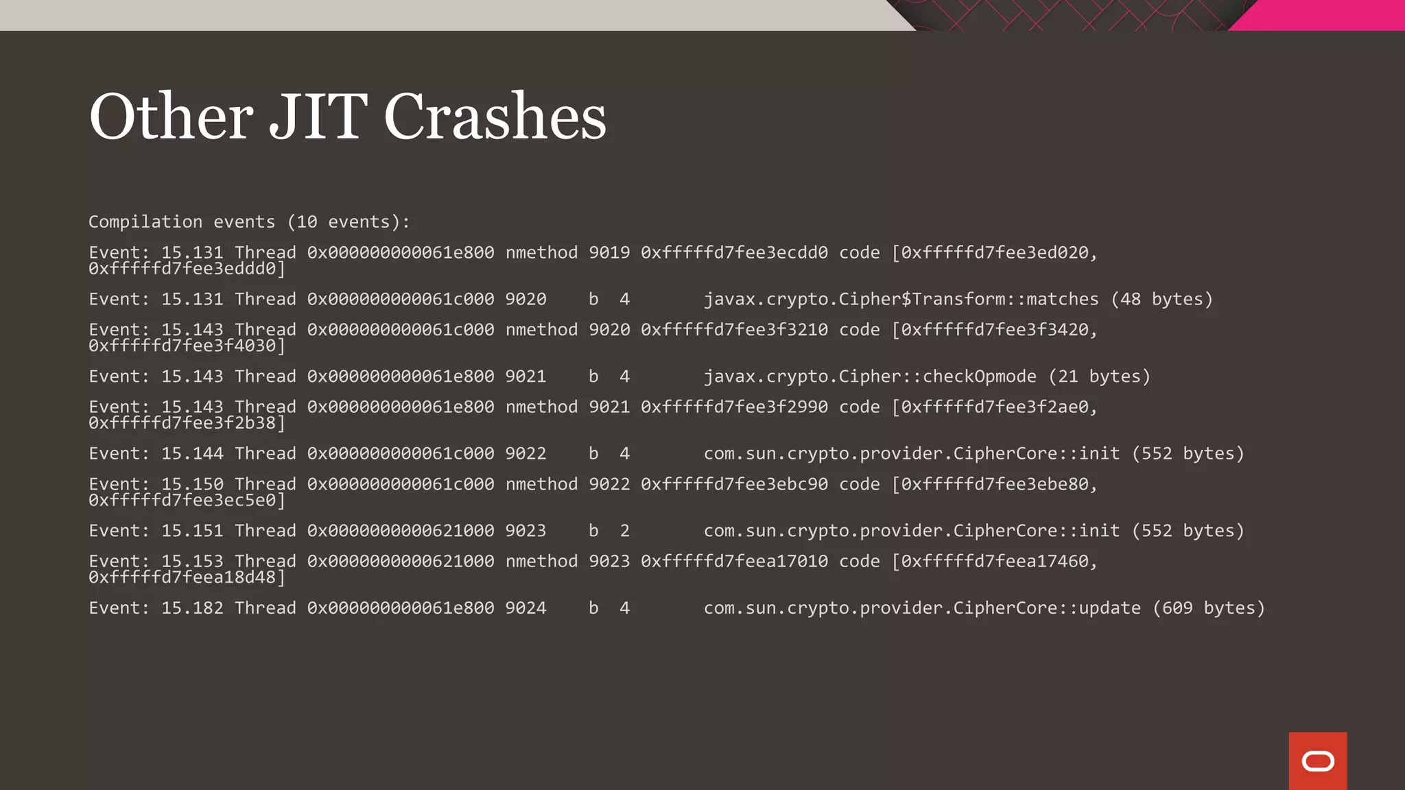 Other JIT Crashes
Compilation events (10 events):
Event: 15.131 Thread 0x000000000061e800 nmethod 9019 0xfffffd7fee3ecdd0 code [0xfffffd7fee3ed020,
0xfffffd7fee3eddd0]
Event: 15.131 Thread 0x000000000061c000 9020 b 4 javax.crypto.Cipher$Transform::matches (48 bytes)
Event: 15.143 Thread 0x000000000061c000 nmethod 9020 0xfffffd7fee3f3210 code [0xfffffd7fee3f3420,
0xfffffd7fee3f4030]
Event: 15.143 Thread 0x000000000061e800 9021 b 4 javax.crypto.Cipher::checkOpmode (21 bytes)
Event: 15.143 Thread 0x000000000061e800 nmethod 9021 0xfffffd7fee3f2990 code [0xfffffd7fee3f2ae0,
0xfffffd7fee3f2b38]
Event: 15.144 Thread 0x000000000061c000 9022 b 4 com.sun.crypto.provider.CipherCore::init (552 bytes)
Event: 15.150 Thread 0x000000000061c000 nmethod 9022 0xfffffd7fee3ebc90 code [0xfffffd7fee3ebe80,
0xfffffd7fee3ec5e0]
Event: 15.151 Thread 0x0000000000621000 9023 b 2 com.sun.crypto.provider.CipherCore::init (552 bytes)
Event: 15.153 Thread 0x0000000000621000 nmethod 9023 0xfffffd7feea17010 code [0xfffffd7feea17460,
0xfffffd7feea18d48]
Event: 15.182 Thread 0x000000000061e800 9024 b 4 com.sun.crypto.provider.CipherCore::update (609 bytes)
 