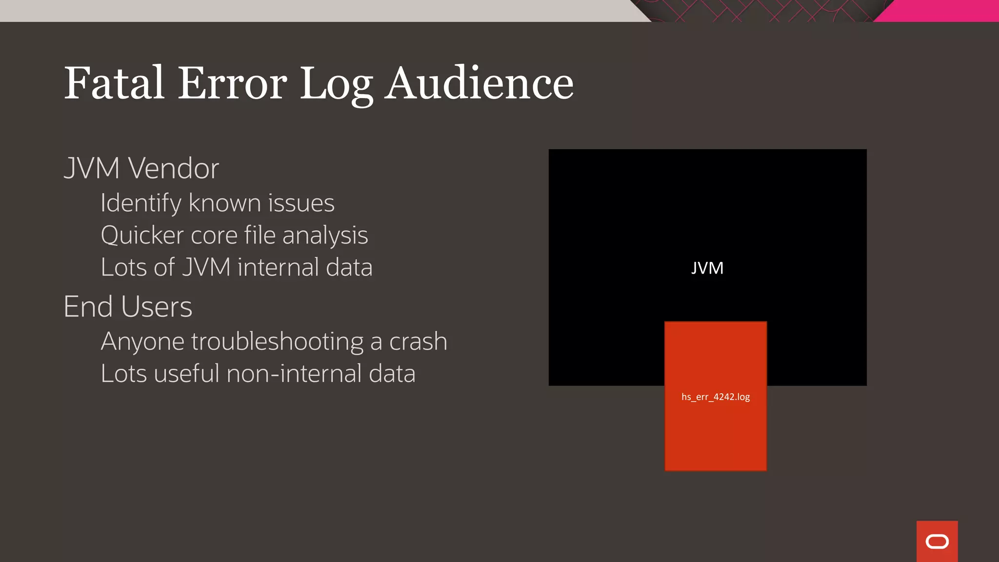 Fatal Error Log Audience
JVM Vendor
Identify known issues
Quicker core file analysis
Lots of JVM internal data
End Users
Anyone troubleshooting a crash
Lots useful non-internal data
JVM
hs_err_4242.log
 