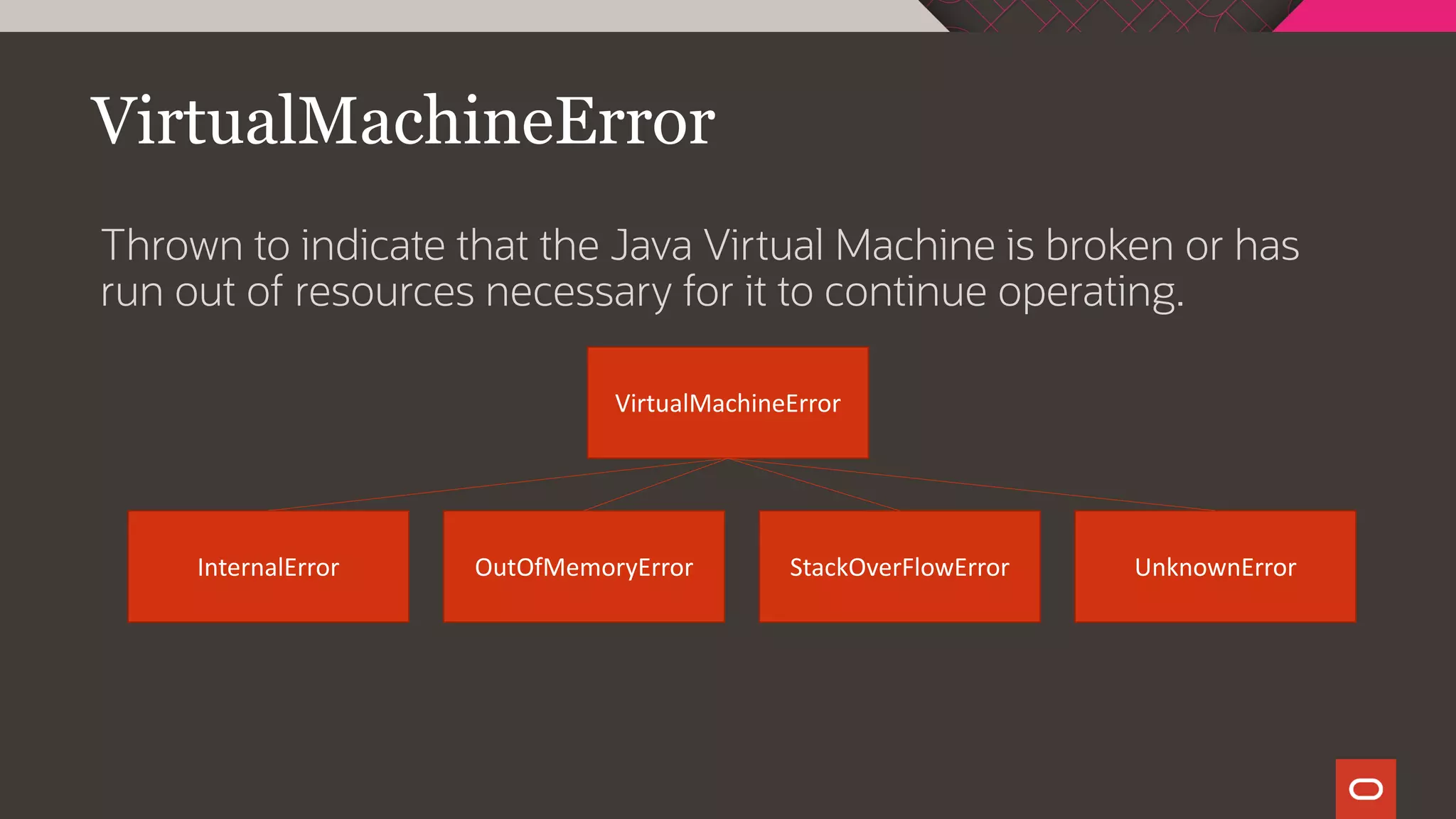 VirtualMachineError
Thrown to indicate that the Java Virtual Machine is broken or has
run out of resources necessary for it to continue operating.
VirtualMachineError
InternalError OutOfMemoryError StackOverFlowError UnknownError
 