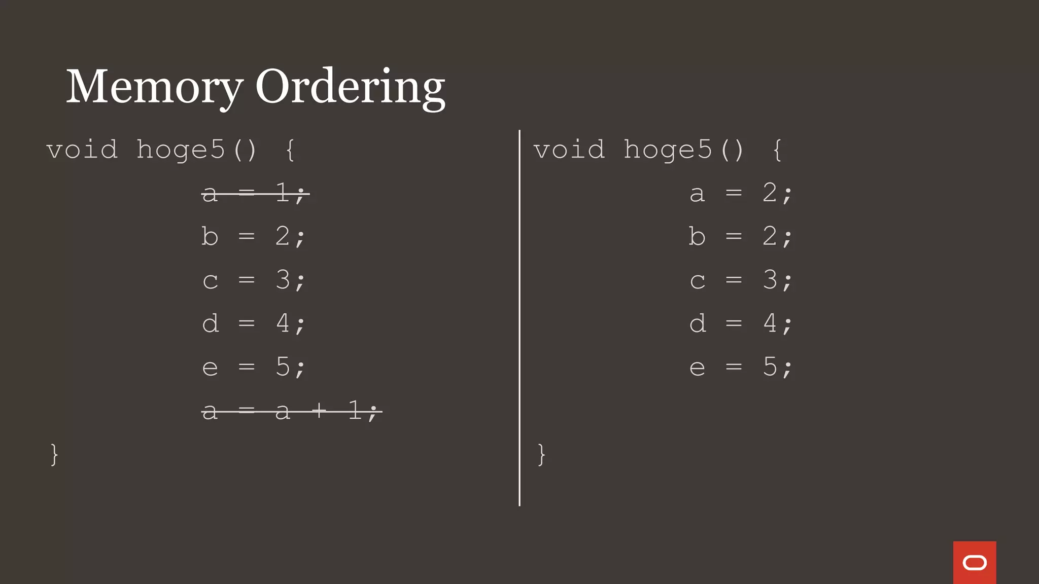 Memory Ordering
void hoge5() {
a = 1;
b = 2;
c = 3;
d = 4;
e = 5;
a = a + 1;
}
void hoge5() {
a = 2;
b = 2;
c = 3;
d = 4;
e = 5;
}
 