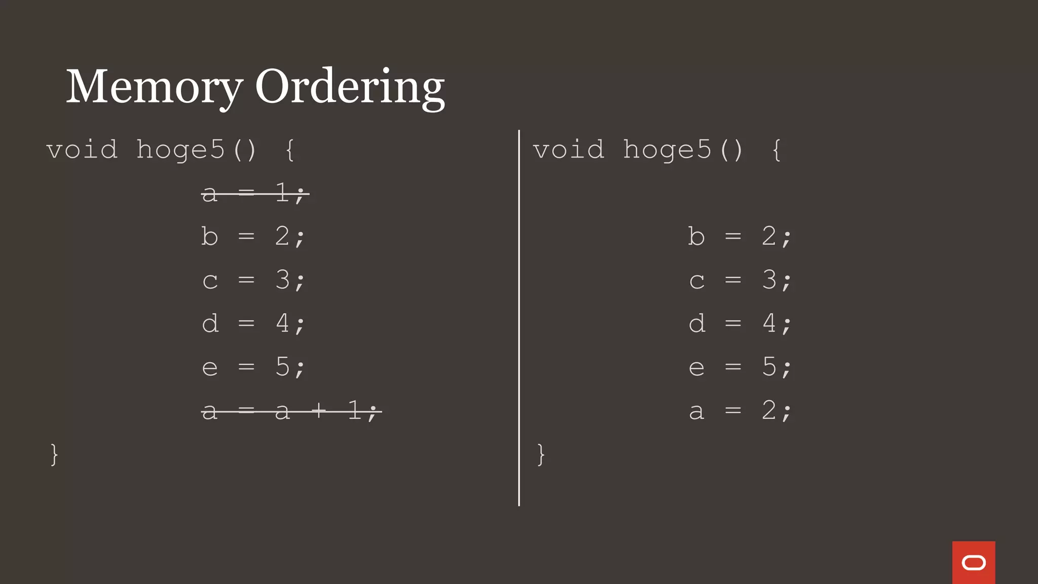 Memory Ordering
void hoge5() {
a = 1;
b = 2;
c = 3;
d = 4;
e = 5;
a = a + 1;
}
void hoge5() {
b = 2;
c = 3;
d = 4;
e = 5;
a = 2;
}
 