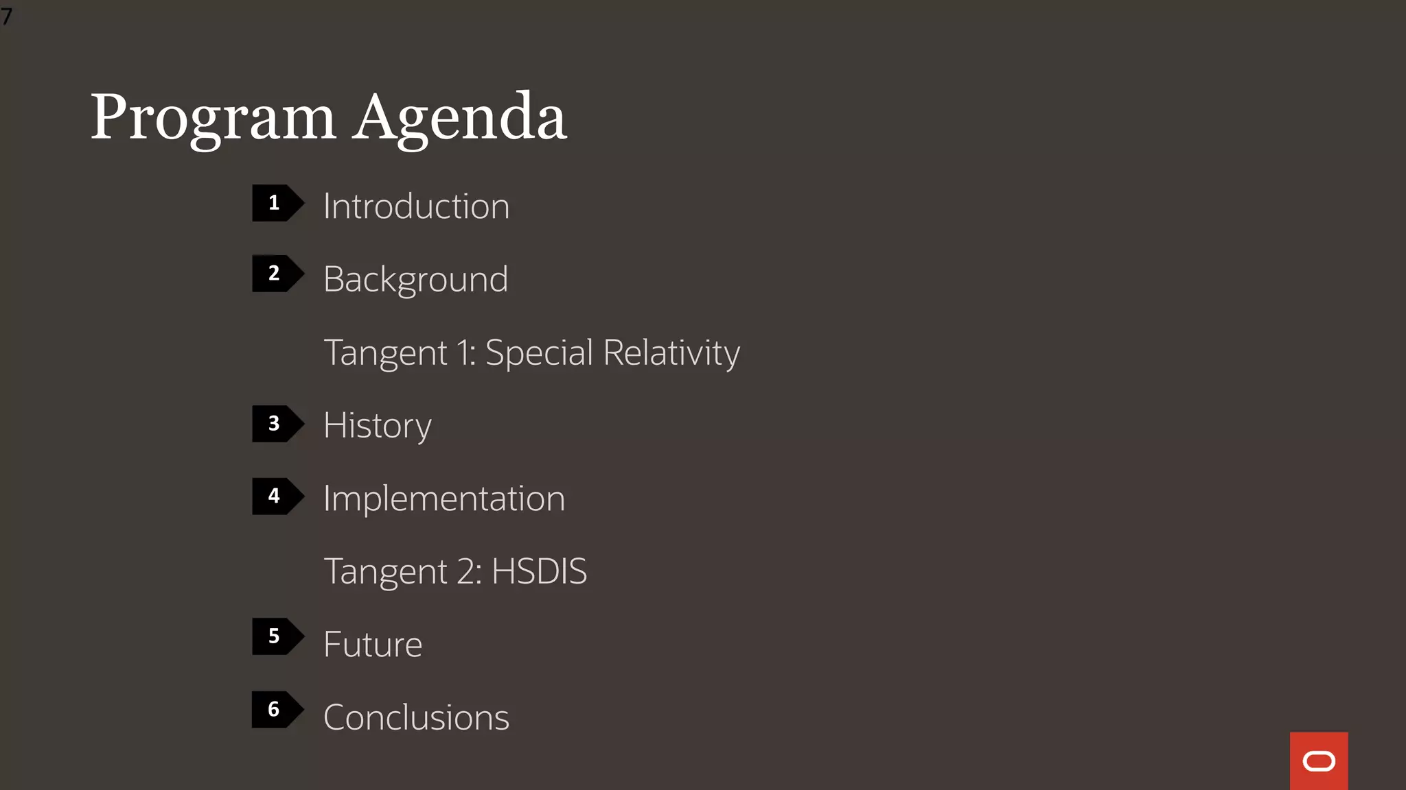 Program Agenda
Introduction
Background
Tangent 1: Special Relativity
History
Implementation
Tangent 2: HSDIS
Future
Conclusions
1
2
3
4
5
7
6
 