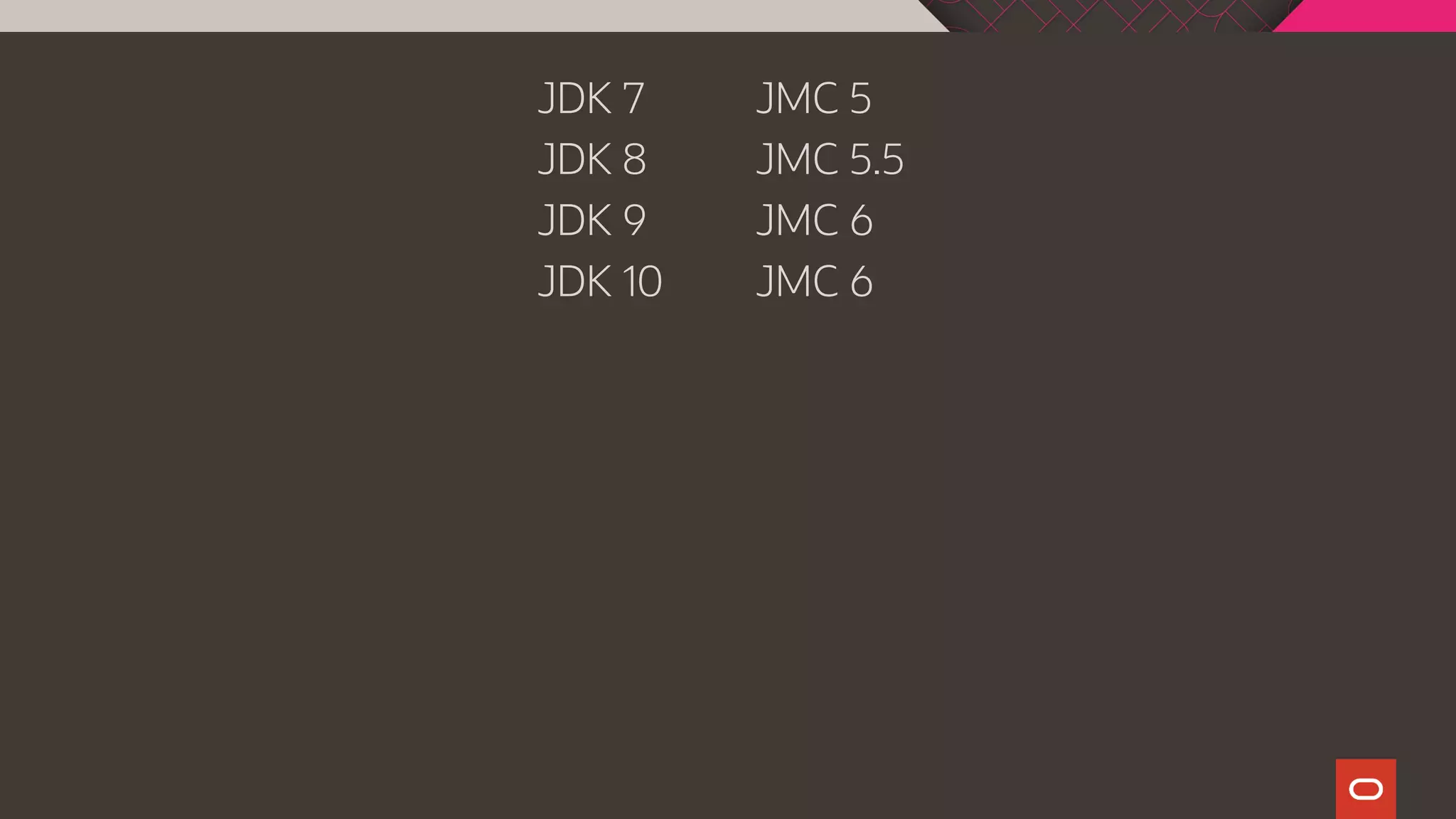 JDK 7 JMC 5
JDK 8 JMC 5.5
JDK 9 JMC 6
JDK 10 JMC 6
 