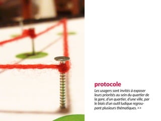 protocole
Les usagers sont invités à exposer
leurs priorités au sein du quartier de
la gare, d’un quartier, d’une ville, p...