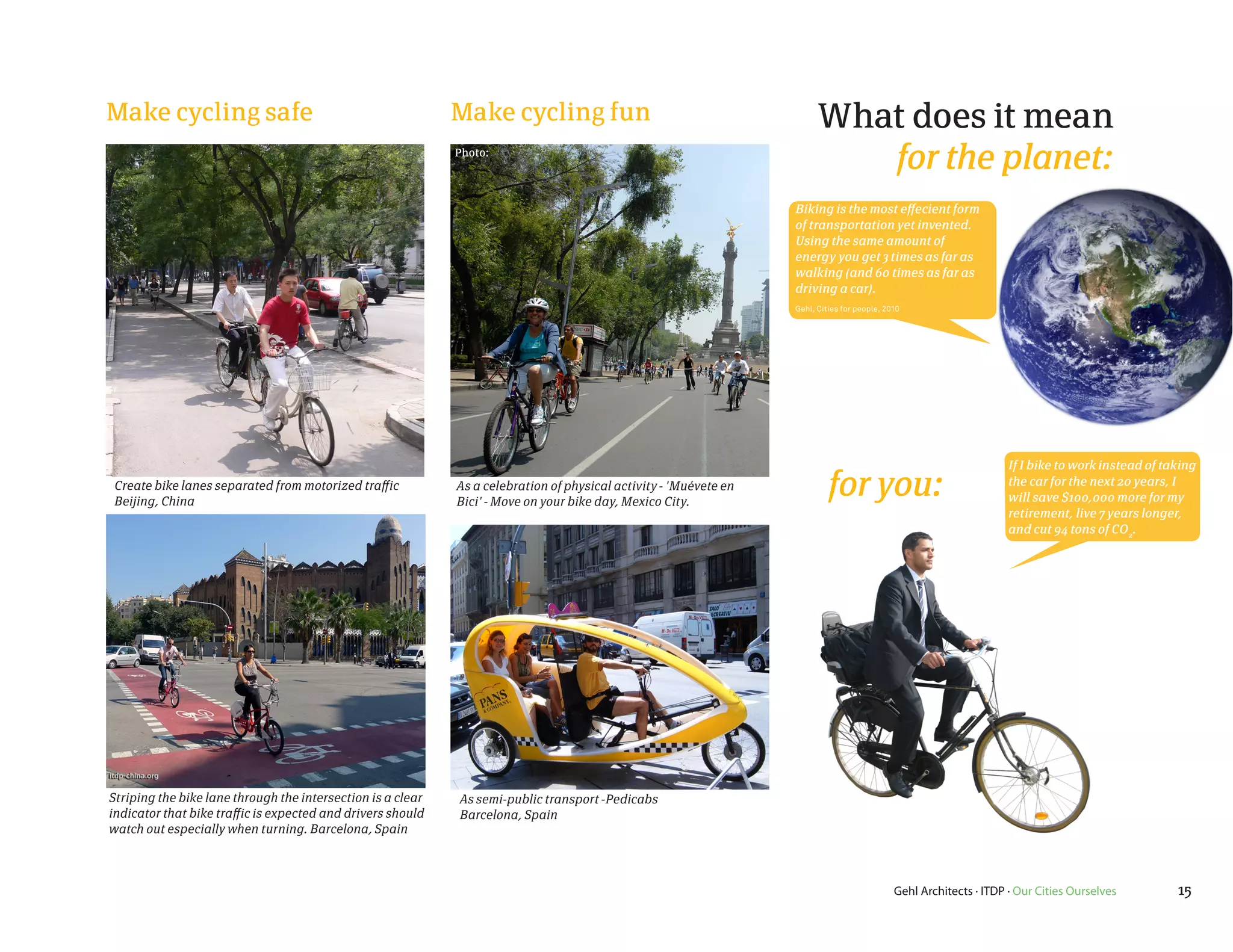 ITDP-Mx.16.JPG
Make cycling safe                                             Make cycling fun                                               What does it mean
                                                               Photo:
                                                                                                                                for the planet:
                                                                                                                       Biking is the most effecient form
                                                                                                                       of transportation yet invented.
                                                                                                                       Using the same amount of
                                                                                                                       energy you get 3 times as far as
                                                                                                                       walking (and 60 times as far as
                                                                                                                       driving a car).
                                                                                                                       Gehl, Cities for people, 2010




                                                                                                                                                                         If I bike to work instead of taking
Create bike lanes separated from motorized traffic
Beijing, China
                                                               As a celebration of physical activity - 'Muévete en
                                                               Bici' - Move on your bike day, Mexico City.
                                                                                                                                for you:                                 the car for the next 20 years, I
                                                                                                                                                                         will save $100,000 more for my
                                                                                                                                                                         retirement, live 7 years longer,
                                                                                                      ITDP-Mx.18.JPG                                                     and cut 94 tons of CO2 .
                                                             Our Cities Ourselves Site Photographs




Striping the bike lane through the intersection is a clear     As semi-public transport -Pedicabs
indicator that bike traffic is expected and drivers should     Barcelona, Spain
watch out especially when turning. Barcelona, Spain



                                                                                                                                                  Gehl Architects · ITDP · Our Cities Ourselves         15
 