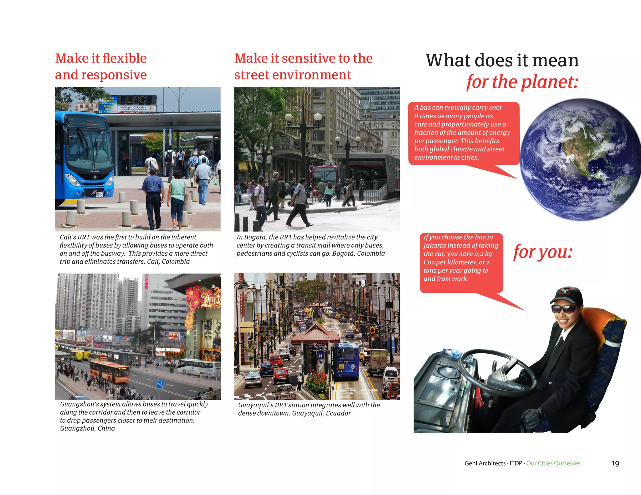 Make it flexible                                         Make it sensitive to the                                 What does it mean
and responsive                                           street environment
                                                                                                                     for the planet:
                                                                                                               A bus can typically carry over
                                                                                                               8 times as many people as
                                                                                                               cars and proportionately use a
                                                                                                               fraction of the amount of energy
                                                                                                               per passenger. This benefits
                                                                                                               both global climate and street
                                                                                                               environment in cities.




Cali’s BRT was the first to build on the inherent        In Bogotá, the BRT has helped revitalize the city        If you choose the bus in

                                                                                                                                                  for you:
flexibility of buses by allowing buses to operate both   center by creating a transit mall where only buses,      Jakarta instead of taking
on and off the busway. This provides a more direct       pedestrians and cyclists can go. Bogotá, Colombia        the car, you save 0,2 kg
trip and eliminates transfers. Cali, Colombia                                                                     Co2 per kilometer, or 2
                                                                                                                  tons per year going to
                                                                                                                  and from work.




Guangzhou’s system allows buses to travel quickly        Guayaquil’s BRT station integrates well with the
along the corridor and then to leave the corridor        dense downtown. Guayaquil, Ecuador
to drop passengers closer to their destination.
Guangzhou, China




                                                                                                                               Gehl Architects · ITDP · Our Cities Ourselves   19
 