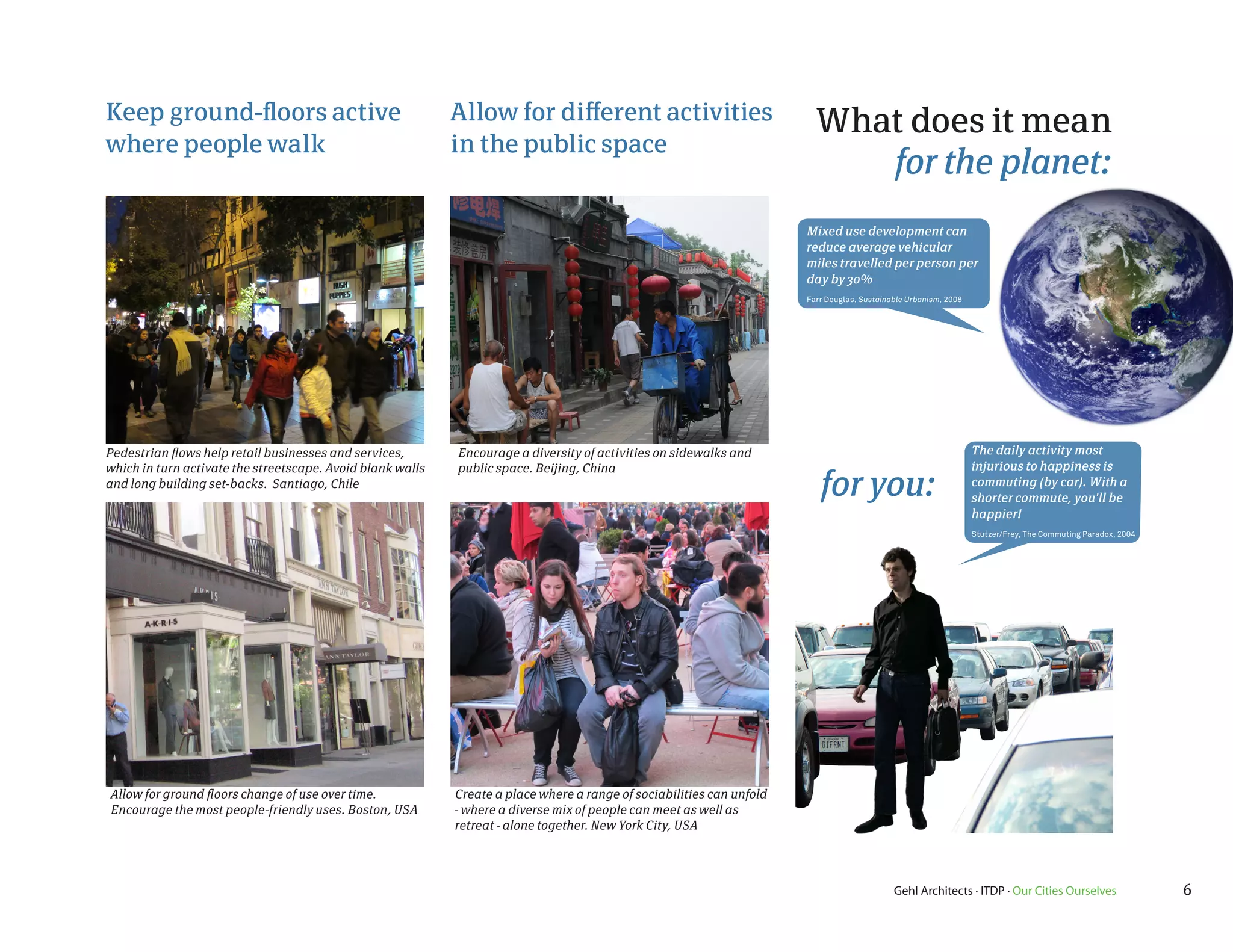 Keep ground-floors active                                   Allow for different activities                               What does it mean
where people walk                                           in the public space
                                                                                                                            for the planet:
                                                                                                                       Mixed use development can
                                                                                                                       reduce average vehicular
                                                                                                                       miles travelled per person per
                                                                                                                       day by 30%
                                                                                                                       Farr Douglas, Sustainable Urbanism, 2008




Pedestrian flows help retail businesses and services,       Encourage a diversity of activities on sidewalks and                                                  The daily activity most
which in turn activate the streetscape. Avoid blank walls   public space. Beijing, China                                                                          injurious to happiness is
and long building set-backs. Santiago, Chile
                                                                                                                          for you:                                commuting (by car). With a
                                                                                                                                                                  shorter commute, you'll be
                                                                                                                                                                  happier!
                                                                                                                                                                  Stutzer/Frey, The Commuting Paradox, 2004




Allow for ground floors change of use over time.            Create a place where a range of sociabilities can unfold
Encourage the most people-friendly uses. Boston, USA        - where a diverse mix of people can meet as well as
                                                            retreat - alone together. New York City, USA




                                                                                                                                             Gehl Architects · ITDP · Our Cities Ourselves                    6
 