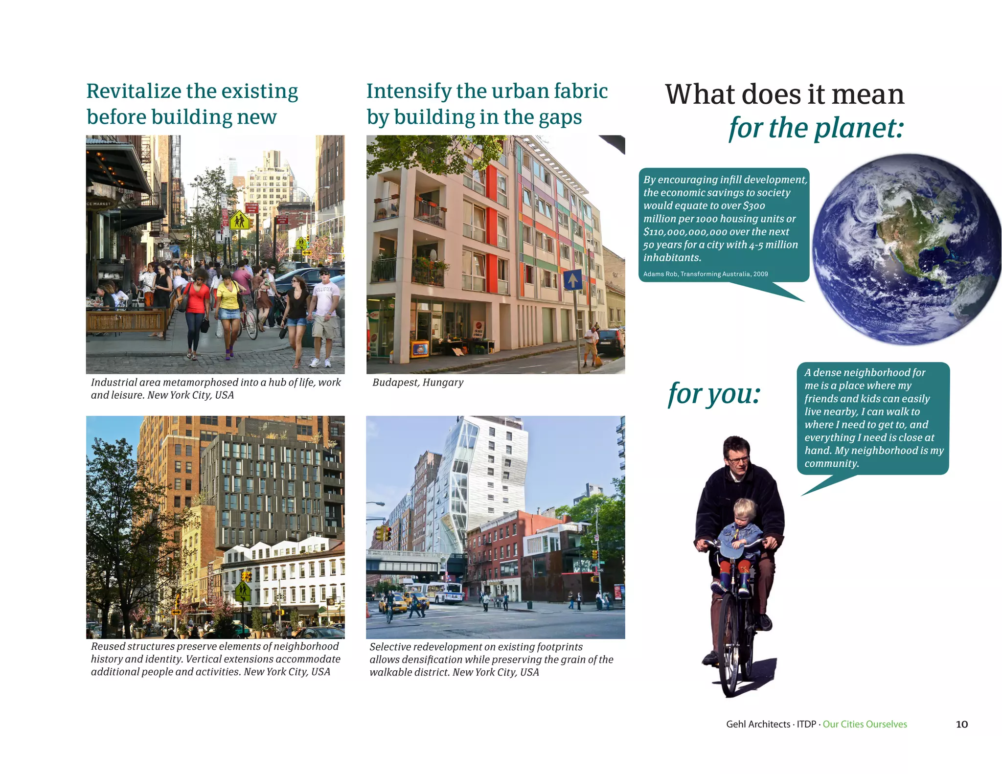 Revitalize the existing                                  Intensify the urban fabric                                     What does it mean
before building new                                      by building in the gaps
                                                                                                                           for the planet:
                                                                                                                  By encouraging infill development,
                                                                                                                  the economic savings to society
                                                                                                                  would equate to over $300
                                                                                                                  million per 1000 housing units or
                                                                                                                  $110,000,000,000 over the next
                                                                                                                  50 years for a city with 4-5 million
                                                                                                                  inhabitants.
                                                                                                                  Adams Rob, Transforming Australia, 2009




                                                                                                                                                              A dense neighborhood for
Industrial area metamorphosed into a hub of life, work   Budapest, Hungary
and leisure. New York City, USA                                                                                          for you:                             me is a place where my
                                                                                                                                                              friends and kids can easily
                                                                                                                                                              live nearby, I can walk to
                                                                                                                                                              where I need to get to, and
                                                                                                                                                              everything I need is close at
                                                                                                                                                              hand. My neighborhood is my
                                                                                                                                                              community.




Reused structures preserve elements of neighborhood      Selective redevelopment on existing footprints
history and identity. Vertical extensions accommodate    allows densification while preserving the grain of the
additional people and activities. New York City, USA     walkable district. New York City, USA




                                                                                                                                           Gehl Architects · ITDP · Our Cities Ourselves      10
 