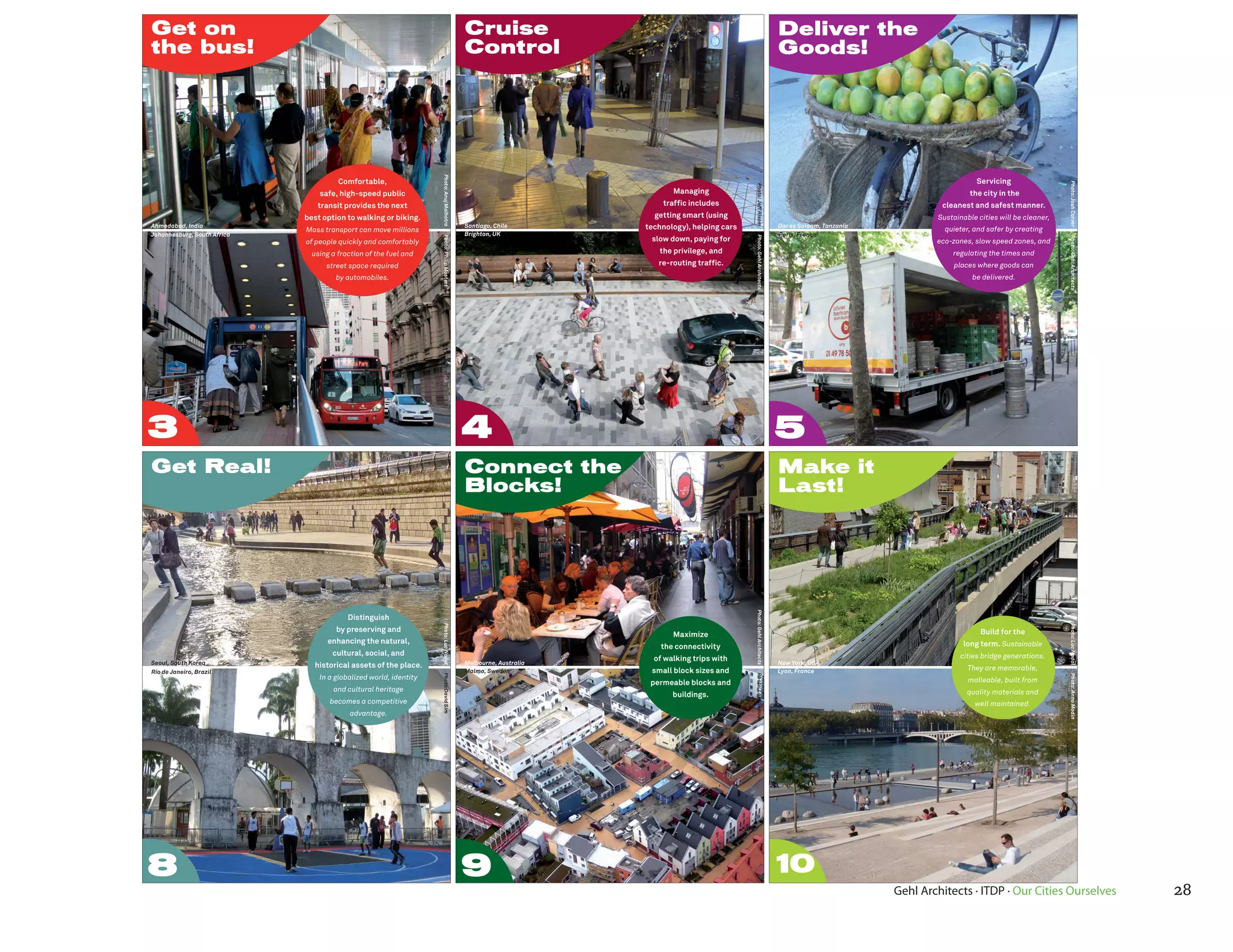 Get on                                                                                     Cruise                                                                      Deliver the
the bus!                                                                                   Control                                                                     Goods!




                                                                   Photo: Anuj Malhotra
                                       Comfortable,                                                                                                                                                                  Servicing




                                                                                                                                                                                                                                               Photo: Josh Carver
                                                                                                                                              Photo: Jeff Risom
                                 safe, high-speed public                                                                 Managing                                                                                  the city in the
                                transit provides the next                                                             traffic includes                                                                    cleanest and safest manner.
                             best option to walking or biking.                                                      getting smart (using                                                                 Sustainable cities will be cleaner,
Ahmedabad, India                                                                           Santiago, Chile        technology), helping cars                            Dar es Salaam, Tanzania
                             Mass transport can move millions                                                                                                                                              quieter, and safer by creating
Johannesburg, South Africa                                                                 Brighton, UK                                                                Paris, France
                                                                                                                   slow down, paying for




                                                                   Photo: Philip Mostert




                                                                                                                                              Photo: Gehl Architects




                                                                                                                                                                                                                                               Photo: Gehl Architects
                             of people quickly and comfortably                                                                                                                                           eco-zones, slow speed zones, and
                               using a fraction of the fuel and                                                      the privilege, and                                                                      regulating the times and
                                   street space required                                                             re-routing traffic.                                                                      places where goods can
                                      by automobiles.                                                                                                                                                              be delivered.




3                                                                                          4                                                                           5
Get Real!                                                                                  Connect the                                                                 Make it
                                                                                           the blocks!
                                                                                           Blocks!                                                                     Last!




                                                                                                                                              Photo: Gehl Architects
                                          Distinguish
                                                                   Photo: Luc Nadal




                                                                                                                                                                                                                                               Photo: Luc Nadal
                                      by preserving and                                                                                                                                                               Build for the
                                                                                                                         Maximize
                                   enhancing the natural,                                                                                                                                                       long term. Sustainable
                                                                                                                      the connectivity
                                     cultural, social, and                                                                                                                                                      cities bridge generations.
                                                                                           Melbourne, Australia
                                                                                                                    of walking trips with                              New York, USA
Seoul, South Korea             historical assets of the place.
Rio de Janeiro, Brazil                                                                     Malmo, Sweden           small block sizes and                               Lyon, France                               They are memorable,
                                                                   Photo:David Sim




                                 In a globalized world, identity




                                                                                                                                                                                                                                               Photo: Anna Modin
                                                                                                                                              Photo: Lars Gemzø e
                                                                                                                   permeable blocks and                                                                           malleable, built from
                                     and cultural heritage                                                                                                                                                        quality materials and
                                                                                                                         buildings.
                                    becomes a competitive                                                                                                                                                           well maintained.
                                           advantage.




8                                                                                          9                                                                           10
                                                                                                                                                                                                 Gehl Architects · ITDP · Our Cities Ourselves                          28
 