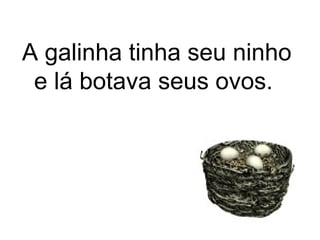 A galinha tinha seu ninho
 e lá botava seus ovos.
 