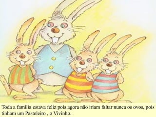 Toda a família estava feliz pois agora não iriam faltar nunca os ovos, pois
tinham um Pasteleiro , o Vivinho.
 