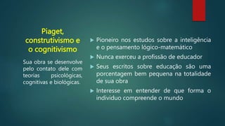 Piaget,
construtivismo e
o cognitivismo
 Pioneiro nos estudos sobre a inteligência
e o pensamento lógico-matemático
 Nunca exerceu a profissão de educador
 Seus escritos sobre educação são uma
porcentagem bem pequena na totalidade
de sua obra
 Interesse em entender de que forma o
individuo compreende o mundo
Sua obra se desenvolve
pelo contato dele com
teorias psicológicas,
cognitivas e biológicas.
 
