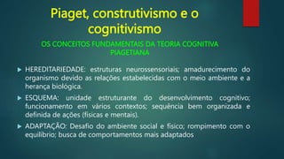 OS CONCEITOS FUNDAMENTAIS DA TEORIA COGNITIVA
PIAGETIANA
 HEREDITARIEDADE: estruturas neurossensoriais; amadurecimento do
organismo devido as relações estabelecidas com o meio ambiente e a
herança biológica.
 ESQUEMA: unidade estruturante do desenvolvimento cognitivo;
funcionamento em vários contextos; sequência bem organizada e
definida de ações (físicas e mentais).
 ADAPTAÇÃO: Desafio do ambiente social e físico; rompimento com o
equilíbrio; busca de comportamentos mais adaptados
Piaget, construtivismo e o
cognitivismo
 