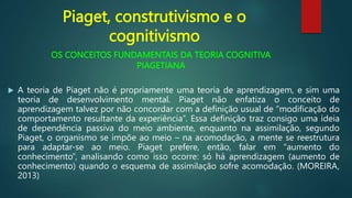 OS CONCEITOS FUNDAMENTAIS DA TEORIA COGNITIVA
PIAGETIANA
 A teoria de Piaget não é propriamente uma teoria de aprendizagem, e sim uma
teoria de desenvolvimento mental. Piaget não enfatiza o conceito de
aprendizagem talvez por não concordar com a definição usual de “modificação do
comportamento resultante da experiência”. Essa definição traz consigo uma ideia
de dependência passiva do meio ambiente, enquanto na assimilação, segundo
Piaget, o organismo se impõe ao meio – na acomodação, a mente se reestrutura
para adaptar-se ao meio. Piaget prefere, então, falar em “aumento do
conhecimento”, analisando como isso ocorre: só há aprendizagem (aumento de
conhecimento) quando o esquema de assimilação sofre acomodação. (MOREIRA,
2013)
Piaget, construtivismo e o
cognitivismo
 