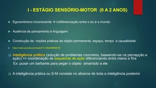 I - ESTÁGIO SENSÓRIO-MOTOR (0 A 2 ANOS)
 Egocentrismo inconsciente  indiferenciação entre o eu e o mundo
 Ausência de pensamento e linguagem
 Construção de noções práticas de objeto permanente, espaço, tempo e causalidade
 https://www.youtube.com/watch?v=LWehMRtdGY8
 inteligência prática (solução de problemas concretos, baseando-se na percepção e
ação) => coordenação de esquemas de ação diferenciando entre meios e fins
Ex: puxar um barbante para pegar o objeto amarrado a ele
 A inteligência prática ou S-M consiste no alicerce de toda a inteligência posterior
 