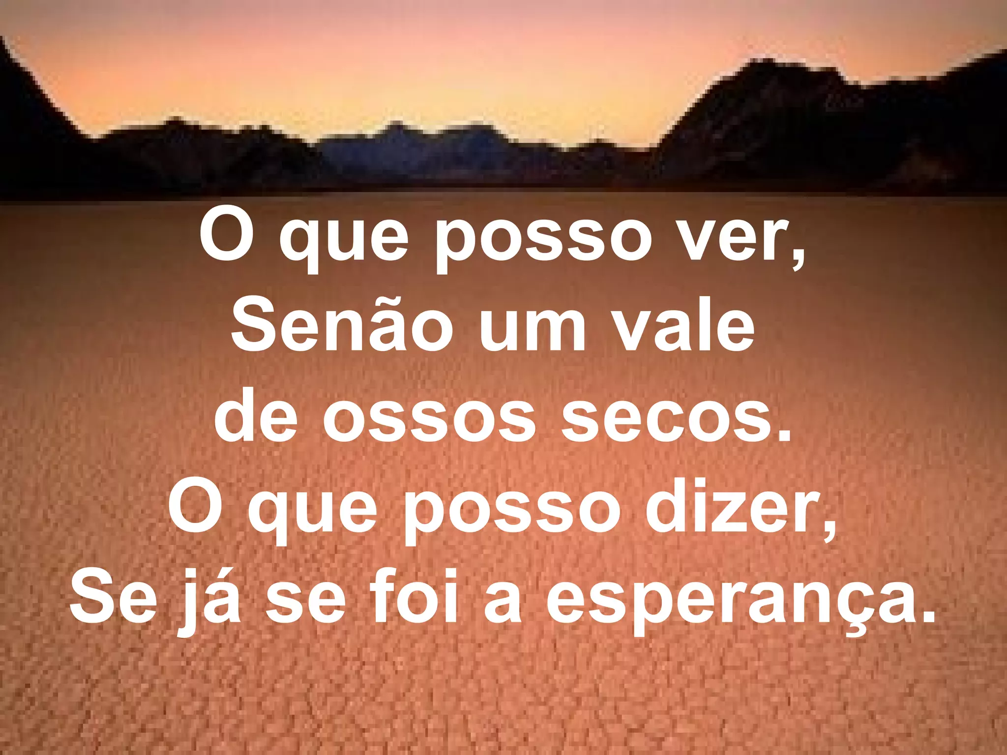 O que posso ver,
Senão um vale
de ossos secos.
O que posso dizer,
Se já se foi a esperança.