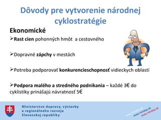 Dôvody pre vytvorenie národnej
            cyklostratégie
Ekonomické
Rast cien pohonných hmôt a cestovného

Dopravné zápchy v mestách

Potreba podporovať konkurencieschopnosť vidieckych oblastí

Podpora malého a stredného podnikania – každé 3€ do
cyklistiky prinášajú návratnosť 5€
 