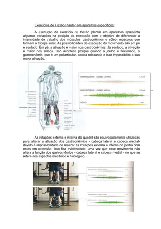 Exercícios de Flexão Plantar em aparelhos específicos:

        A execução do exercício de flexão plantar em aparelhos apresenta
algumas variações na posição de execução com o objetivo de diferenciar a
intensidade do trabalho dos músculos gastrocnêmios e sóleo, músculos que
formam o tríceps sural. As possibilidades de execução do movimento são em pé
e sentado. Em pé, a ativação é maior nos gastrocnêmios. Já sentado, a ativação
é maior nos sóleos. Isso acontece porque quando o joelho é flexionado, o
gastrocnêmio, que é um poliarticular, acaba relaxando e isso impossibilita a sua
maior ativação.




        As rotações externa e interna do quadril são equivocadamente utilizadas
para alterar a ativação dos gastrocnêmios - cabeça lateral e cabeça medial-
devido à impossibilidade de realizar as rotações externa e interna do joelho com
estes em extensão. Isso fica evidenciado, uma vez que esse movimento não
altera a função dos gastrocnêmios - cabeça lateral e cabeça medial - no que se
refere aos aspectos mecânico e fisiológico.
 