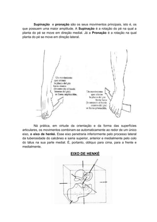 Supinação e pronação são os seus movimentos principais, isto é, os
que possuem uma maior amplitude. A Supinação é a rotação do pé na qual a
planta do pé se move em direção medial. Já a Pronação é a rotação na qual
planta do pé se move em direção lateral.




         Ná prática, em virtude da orientação e da forma das superfícies
articulares, os movimentos combinam-se automaticamente ao redor de um único
eixo, o eixo de henké. Esse eixo penetraria inferiormente pelo processo lateral
da tuberosidade do calcâneo e sairia superior, anterior e medialmente pelo colo
do tálus na sua parte medial. É, portanto, obliquo para cima, para a frente e
medialmente.

                                 EIXO DE HENKÉ
 