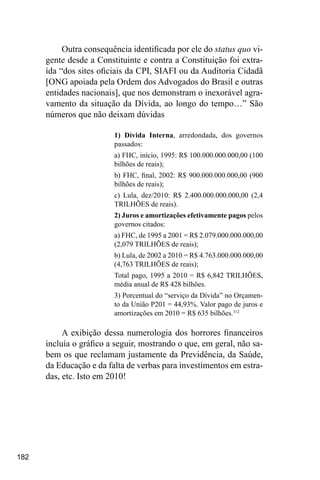 182
Outra consequência identificada por ele do status quo vi-
gente desde a Constituinte e contra a Constituição foi extra-
ída “dos sites oficiais da CPI, SIAFI ou da Auditoria Cidadã
[ONG apoiada pela Ordem dos Advogados do Brasil e outras
entidades nacionais], que nos demonstram o inexorável agra-
vamento da situação da Dívida, ao longo do tempo…” São
números que não deixam dúvidas
1) Dívida Interna, arredondada, dos governos
passados:
a) FHC, início, 1995: R$ 100.000.000.000,00 (100
bilhões de reais);
b) FHC, final, 2002: R$ 900.000.000.000,00 (900
bilhões de reais);
c) Lula, dez/2010: R$ 2.400.000.000.000,00 (2,4
TRILHÕES de reais).
2) Juros e amortizações efetivamente pagos pelos
governos citados:
a) FHC, de 1995 a 2001 = R$ 2.079.000.000.000,00
(2,079 TRILHÕES de reais);
b) Lula, de 2002 a 2010 = R$ 4.763.000.000.000,00
(4,763 TRILHÕES de reais);
Total pago, 1995 a 2010 = R$ 6,842 TRILHÕES,
média anual de R$ 428 bilhões.
3) Porcentual do “serviço da Dívida” no Orçamen-
to da União P201 = 44,93%. Valor pago de juros e
amortizações em 2010 = R$ 635 bilhões.312
A exibição dessa numerologia dos horrores financeiros
incluía o gráfico a seguir, mostrando o que, em geral, não sa-
bem os que reclamam justamente da Previdência, da Saúde,
da Educação e da falta de verbas para investimentos em estra-
das, etc. Isto em 2010!
 