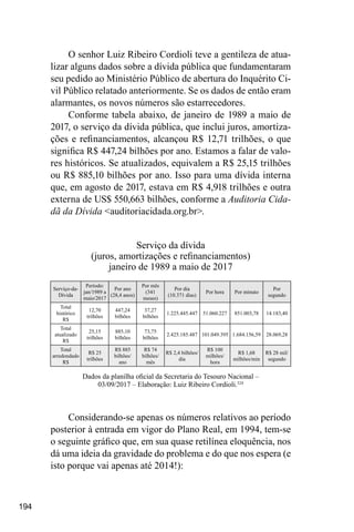 194
Serviço da dívida
(juros, amortizações e refinanciamentos)
janeiro de 1989 a maio de 2017
Serviço-da-
Dívida
Período:
jan/1989 a
maio/2017
Por ano
(28,4 anos)
Por mês
(341
meses)
Por dia
(10.371 dias)
Por hora Por minuto
Por
segundo
Total
histórico
R$
12,70
trilhões
447,24
bilhões
37,27
bilhões
1.225.445.447 51.060.227 851.003,78 14.183,40
Total
atualizado
R$
25,15
trilhões
885,10
bilhões
73,75
bilhões
2.425.185.487 101.049.395 1.684.156,59 28.069,28
Total
arredondado
R$
R$ 25
trilhões
R$ 885
bilhões/
ano
R$ 74
bilhões/
mês
R$ 2,4 bilhões/
dia
R$ 100
milhões/
hora
R$ 1,68
milhões/min
R$ 28 mil/
segundo
Dados da planilha oficial da Secretaria do Tesouro Nacional –
03/09/2017 – Elaboração: Luiz Ribeiro Cordioli.324
O senhor Luiz Ribeiro Cordioli teve a gentileza de atua-
lizar alguns dados sobre a dívida pública que fundamentaram
seu pedido ao Ministério Público de abertura do Inquérito Ci-
vil Público relatado anteriormente. Se os dados de então eram
alarmantes, os novos números são estarrecedores.
Conforme tabela abaixo, de janeiro de 1989 a maio de
2017, o serviço da dívida pública, que inclui juros, amortiza-
ções e refinanciamentos, alcançou R$ 12,71 trilhões, o que
significa R$ 447,24 bilhões por ano. Estamos a falar de valo-
res históricos. Se atualizados, equivalem a R$ 25,15 trilhões
ou R$ 885,10 bilhões por ano. Isso para uma dívida interna
que, em agosto de 2017, estava em R$ 4,918 trilhões e outra
externa de US$ 550,663 bilhões, conforme a Auditoria Cida-
dã da Dívida <auditoriacidada.org.br>.
Considerando-se apenas os números relativos ao período
posterior à entrada em vigor do Plano Real, em 1994, tem-se
o seguinte gráfico que, em sua quase retilínea eloquência, nos
dá uma ideia da gravidade do problema e do que nos espera (e
isto porque vai apenas até 2014!):
 