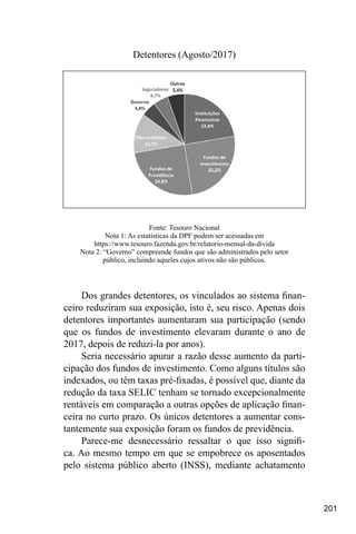 201
Detentores (Agosto/2017)
Fonte: Tesouro Nacional
Nota 1: As estatísticas da DPF podem ser acessadas em
https://www.tesouro.fazenda.gov.br/relatorio-mensal-da-divida
Nota 2: “Governo” compreende fundos que são administrados pelo setor
público, incluindo aqueles cujos ativos não são públicos.
Dos grandes detentores, os vinculados ao sistema finan-
ceiro reduziram sua exposição, isto é, seu risco. Apenas dois
detentores importantes aumentaram sua participação (sendo
que os fundos de investimento elevaram durante o ano de
2017, depois de reduzi-la por anos).
Seria necessário apurar a razão desse aumento da parti-
cipação dos fundos de investimento. Como alguns títulos são
indexados, ou têm taxas pré-fixadas, é possível que, diante da
redução da taxa SELIC tenham se tornado excepcionalmente
rentáveis em comparação a outras opções de aplicação finan-
ceira no curto prazo. Os únicos detentores a aumentar cons-
tantemente sua exposição foram os fundos de previdência.
Parece-me desnecessário ressaltar o que isso signifi-
ca. Ao mesmo tempo em que se empobrece os aposentados
pelo sistema público aberto (INSS), mediante achatamento
 