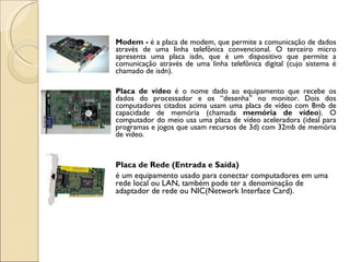 Modem -  é a placa de modem, que permite a comunicação de dados através de uma linha telefônica convencional. O terceiro micro apresenta uma placa isdn, que é um dispositivo que permite a comunicação através de uma linha telefônica digital (cujo sistema é chamado de isdn).   Placa de vídeo  é o nome dado ao equipamento que recebe os dados do processador e os “desenha” no monitor. Dois dos computadores citados acima usam uma placa de vídeo com 8mb de capacidade de memória (chamada  memória de vídeo ). O computador do meio usa uma placa de vídeo aceleradora (ideal para programas e jogos que usam recursos de 3d) com 32mb de memória de vídeo. Placa de Rede (Entrada e Saída)  é um equipamento usado para conectar computadores em uma rede local ou LAN, também pode ter a denominação de adaptador de rede ou NIC(Network Interface Card).  