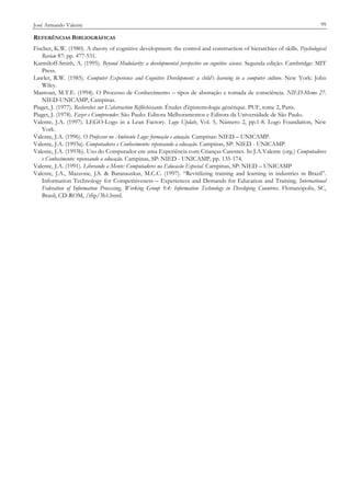 José Armando Valente

99

REFERÊNCIAS BIBLIOGRÁFICAS
Fischer, K.W. (1980). A theory of cognitive development: the control and construction of hierarchies of skills. Psychological
Review 87: pp. 477-531.
Karmiloff-Smith, A. (1995). Beyond Modularity: a developmental perspective on cognitive science. Segunda edição. Cambridge: MIT
Press.
Lawler, R.W. (1985). Computer Experience and Cognitive Development: a child’s learning in a computer culture. New York: John
Wiley.
Mantoan, M.T.E. (1994). O Processo de Conhecimento – tipos de abstração e tomada de consciência. NIED-Memo 27.
NIED-UNICAMP, Campinas.
Piaget, J. (1977). Recherches sur L'abstraction Réfléchissante. Études d'épistemologie génétique. PUF, tome 2, Paris.
Piaget, J. (1978). Fazer e Compreender. São Paulo: Editora Melhoramentos e Editora da Universidade de São Paulo.
Valente, J.A. (1997). LEGO-Logo in a Lean Factory. Logo Update, Vol. 5, Número 2, pp.1-8. Logo Foundation, New
York.
Valente, J.A. (1996). O Professor no Ambiente Logo: formação e atuação. Campinas: NIED – UNICAMP.
Valente, J.A. (1993a). Computadores e Conhecimento: repensando a educação. Campinas, SP: NIED - UNICAMP.
Valente, J.A. (1993b). Uso do Computador em uma Experiência com Crianças Carentes. In J.A.Valente (org.) Computadores
e Conhecimento: repensando a educação. Campinas, SP: NIED - UNICAMP, pp. 135-174.
Valente, J.A. (1991). Liberando a Mente: Computadores na Educacão Especial. Campinas, SP: NIED – UNICAMP
Valente, J.A., Mazzone, J.S. & Baranauskas, M.C.C. (1997). “Revitilizing training and learning in industries in Brazil”.
Information Technology for Competitiveness – Experiences and Demands for Education and Training. International
Federation of Information Processing, Working Group 9.4: Information Technology in Developing Countries. Florianópolis, SC,
Brasil, CD-ROM, /ifip/3b1.html.

 
