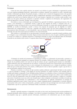 90

Análise dos Diferentes Tipos de Software

TUTORIAIS
Como foi visto como capítulo anterior, um tutorial é um software no qual a informação é organizada de acordo
com uma seqüência pedagógica particular e apresentada ao estudante, seguindo essa seqüência ou então o aprendiz pode
escolher a informação que desejar. Na primeira situação, o software tem o controle da situação de ensino e do que pode
ser apresentado ao aprendiz, que pode mudar de tópicos, simplesmente apertando a tecla ENTER ou o software altera a
seqüência de acordo com as respostas dadas por ele. Na outra situação, o aprendiz tem o controle e pode escolher o que
deseja ver. Em geral, software que permitem ao aprendiz controlar a seqüência de informações, são organizados em
forma de hipertextos e ele pode “navegar” entre esses itens.
Em ambos os casos, a informação que está disponível ao aprendiz foi definida e organizada previamente. Ele está
restrito a esta informação e o computador assume o papel de uma máquina de ensinar. A interação entre ele e o
computador consiste na leitura da tela ou na escuta da informação fornecida, no avanço pelo material, apertando a tecla
ENTER, na escolha de informação, usando o mouse e/ou resposta de perguntas que são digitadas no teclado.
Observando este comportamento, vemos que o aprendiz está fazendo coisas, mas não temos qualquer pista sobre o
processamento dessa informação e se está entendendo o que está fazendo. Ele pode até estar processando a informação
fornecida, mas não temos meios para nos certificar se isso está acontecendo.
Para verificar se a informação foi ou não processada, é necessário apresentar ao aprendiz situações problema, onde
ele é obrigado a usar as informações fornecidas. Alguns tutoriais tentam fazer isso, mas, em geral, o problema apresentado
se resume em verificar se o aprendiz memorizou a informação fornecida ou requer uma aplicação direta da informação
fornecida em um domínio muito restrito. O esquema abaixo ilustra essa situação de uso de um tutorial.
informação

informação
pergunta
resposta

Figura 1
Interação aprendiz-computador mediado
por um software tipo tutorial

A limitação do tutorial está justamente na capacidade de verificar se a informação foi processada e, portanto, se
passou a ser conhecimento agregado aos esquemas mentais. Por exemplo, é difícil um tutorial ter condições de corrigir a
solução de um problema aberto com mais de um tipo de solução, em que o aprendiz pode exercitar sua criatividade e
explorar diferentes níveis de compreensão de um conceito. A maioria dos tutoriais não é desenvolvido com essa intenção.
Nesse caso, a tarefa de verificar se houve ou não construção de conhecimento ou se a solução do problema é criativa,
ainda tem que ser feita pelo professor. No entanto, é difícil para ele estar ao lado do aprendiz e seguir o que ele faz e o
que está pensando, enquanto usa um tutorial.
Portanto, os tutoriais e os software do tipo exercício-e-prática enfatizam a apresentação das lições ou de exercícios
e a ação do aprendiz se restringe a virar páginas de um livro eletrônico ou realizar exercícios, cujo resultado pode ser
avaliado pelo próprio computador. Essas atividades podem facilmente ser reduzidas ao fazer, ao memorizar informação,
sem exigir que o aprendiz compreenda o que está fazendo. Cabe ao professor interagir com o aluno e criar condições para
levá-lo ao nível da compreensão, como por exemplo, propor problemas para serem resolvidos e verificar se a resolução
está correta. O professor, nesse caso, deve criar situações para o aluno manipular as informações recebidas, de modo que
elas possam ser transformadas em conhecimento e esse conhecimento ser aplicado corretamente na resolução de
problemas significativos para o aluno. Como será visto a seguir, comparativamente à programação, os tutoriais oferecem
poucas pistas sobre como o aluno está pensando e, portanto, o professor tem que interagir mais com ele para auxiliá-lo a
compreender o que faz ou a processar a informação obtida, convertendo-a em conhecimento.
PROGRAMAÇÃO
Quando o aprendiz programa o computador, este pode ser visto como uma ferramenta para resolver problemas. O
programa produzido utiliza conceitos, estratégias e um estilo de resolução de problemas. Nesse sentido, a realização de
um programa exige que o aprendiz processe informação, transforme-a em conhecimento que, de certa maneira, é

 