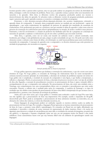 92

Análise dos Diferentes Tipos de Software

levantar questões sobre o pensar-sobre-o-pensar, uma vez que pode analisar seu programa em termos da efetividade das
idéias, estratégias e estilo de resolução de problema. Nesse caso, o aprendiz começa a pensar sobre seus mecanismos de
raciocínio e de aprender. Além disso, as diferentes versões dos programas produzidos podem nos mostrar o
desenvolvimento das idéias do aprendiz. Se salvarmos todas as diferentes versões do programa produzido, poderemos
seguir o processo pelo qual o aprendiz construiu os conceitos e estratégias envolvidos no programa.
Entretanto, o ciclo descrição-execução-reflexão-depuração-descrição não acontece simplesmente, colocando o
aprendiz diante do computador. A interação aluno-computador precisa ser mediada por um profissional – agente de
aprendizagem – que tenha conhecimento do significado do processo de aprender por intermédio da construção de
conhecimento. Esse profissional, que pode ser o professor, tem que entender as idéias do aprendiz e sobre como atuar no
processo de construção de conhecimento para intervir apropriadamente na situação, de modo a auxiliá-lo nesse processo.
Entretanto, o nível de envolvimento e a atuação do professor são facilitados pelo fato de o programa ser a descrição do
raciocínio do aprendiz e explicitar o conhecimento que ele tem sobre o problema que está sendo resolvido.
Além disso, o aprendiz, como um ser social, está inserido em ambiente social e cultural constituído, mais
localmente, por colegas e mais globalmente por pais, amigos ou pela comunidade em que vive. Ele pode usar todos estes
elementos sociais e culturais como fontes de idéias e de informação ou onde buscar problemas para serem resolvidos por
intermédio do computador. A interação do aprendiz com o computador e os diversos elementos que estão presentes na
atividade de programação, são mostrados no esquema:
conceito
abstração
reflexionante

estratégia

reflexão (abstração empírica
e pseudo-empírica )

social
depuração

agente de
aprendizagem

execução

descrição da solução do
problema por meio de uma
linguagem de programação

Figura 2
Interação aprendiz-aluno na situação de programação

O Logo gráfico apresenta características que facilitam a construção de conhecimento, o que não ocorre com outros
domínios do Logo. No Logo gráfico, os comandos da Tartaruga são relativamente fáceis de serem incorporados à
estrutura mental já existente (princípio da continuidade), a descrição da resolução de problemas espaciais em termos do
Logo gráfico não é complicada, o resultado da execução do computador é uma figura, o que facilita a interpretação, a
reflexão e a depuração. Porém, no processamento de listas, a descrição de processos recursivos não é um tipo de atividade
do dia-a-dia. Segundo, a execução de procedimentos recursivos no processamento de listas é opaco, tornando difícil o
acompanhamento do que o computador está realizando. No processamento de listas, não existe uma entidade como a
Tartaruga, cujo comportamento tem uma correspondência direta com os comandos e procedimentos que estão sendo
executados. Terceiro, a reflexão não é auxiliada pelas ações do computador. A ausência da Tartaruga e os tipos de
resultados que são obtidos como produto do processamento de listas torna difícil a interpretação do que acontece com os
procedimentos e, portanto, com a descrição da resolução do problema.
Assim, não é por mero acaso, que o Logo gráfico é o domínio mais conhecido e usado do Logo! Por outro lado,
isso não significa que o processamento de listas seja impenetrável. Por exemplo, usando o depurador do SLogoW,
desenvolvido pelo Nied1, pode-se acompanhar o processamento de listas (elementos inseridos ou removidos, etc.), as
alterações dos valores das variáveis, os níveis das chamadas recursivas, etc..
Outras linguagens de programação podem ser analisadas segundo os mesmos critérios usados na análise do
processamento de listas do Logo. Por exemplo, a linguagem Pascal apresenta as mesmas características do processamento
de listas do Logo e, portanto, torna difícil a aprendizagem. Os comandos em Pascal são em inglês, dificultando sua
assimilação; é necessário o domínio de certas estruturas de representação de dados (matrizes, listas) e de noções de
algoritmo, para descrever a solução de um problema por meio dele; os resultados da execução do programa, em geral, não
são gráficos e a depuração é bastante complicada: achar um erro em um programa escrito em Pascal é uma tarefa
trabalhosa. Essas características fazem com que seja bastante difícil criar um ambiente de aprendizagem usando esta
linguagem.

1

Esse software pode ser obtido por intermédio da página do Nied: http://www.nied.unicamp.br

 