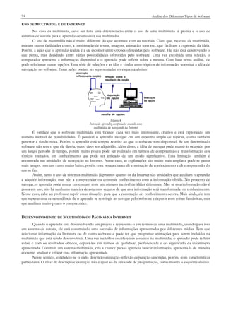 94

Análise dos Diferentes Tipos de Software

USO DE MULTIMÍDIA E DE INTERNET
No caso da multimídia, deve ser feita uma diferenciação entre o uso de uma multimídia já pronta e o uso de
sistemas de autoria para o aprendiz desenvolver sua multimídia.
O uso de multimídia não é muito diferente do que acontece com os tutoriais. Claro que, no caso da multimídia,
existem outras facilidades como, a combinação de textos, imagens, animação, sons etc., que facilitam a expressão da idéia.
Porém, a ação que o aprendiz realiza é a de escolher entre opções oferecidas pelo software. Ele não está descrevendo o
que pensa, mas decidindo entre várias possibilidades oferecidas pelo software. Uma vez escolhida uma seleção, o
computador apresenta a informação disponível e o aprendiz pode refletir sobre a mesma. Com base nessa análise, ele
pode selecionar outras opções. Esta série de seleções e as idas e vindas entre tópicos de informação, constitui a idéia de
navegação no software. Essas ações podem ser representadas no esquema abaixo:
abstração
reflexionante (opção)

reflexão sobre o
resultado da opção

depuração
da opção

execução
da opção

escolha de opções

Figura 4
Interação aprendiz-computador usando uma
multimídia ou navegando na Internet

É verdade que o software multimídia está ficando cada vez mais interessante, criativo e está explorando um
número incrível de possibilidades. É possível o aprendiz navegar em um espectro amplo de tópicos, como também
penetrar a fundo neles. Porém, o aprendiz está sempre restrito ao que o software tem disponível. Se um determinado
software não tem o que ele deseja, outro deve ser adquirido. Além disso, a idéia de navegar pode mantê-lo ocupado por
um longo período de tempo, porém muito pouco pode ser realizado em termos de compreensão e transformação dos
tópicos visitados, em conhecimento que pode ser aplicado de um modo significativo. Essa limitação também é
encontrada nas atividades de navegação na Internet. Nesse caso, as explorações são muito mais amplas e pode-se gastar
mais tempo, com um custo muito baixo, porém com pouca chance de construção de conhecimento e de compreensão do
que se faz.
Assim, tanto o uso de sistemas multimídia já prontos quanto os da Internet são atividades que auxiliam o aprendiz
a adquirir informação, mas não a compreender ou construir conhecimento com a informação obtida. No processo de
navegar, o aprendiz pode entrar em contato com um número incrível de idéias diferentes. Mas se esta informação não é
posta em uso, não há nenhuma maneira de estarmos seguros de que esta informação será transformada em conhecimento.
Nesse caso, cabe ao professor suprir essas situações para que a construção do conhecimento ocorra. Mais ainda, ele tem
que superar uma certa tendência de o aprendiz se restringir ao navegar pelo software e deparar com coisas fantásticas, mas
que auxiliam muito pouco o compreender.
DESENVOLVIMENTO DE MULTIMÍDIA OU PÁGINAS NA INTERNET
Quando o aprendiz está desenvolvendo um projeto e representa-o em termos de uma multimídia, usando para isso
um sistema de autoria, ele está construindo uma sucessão de informações apresentadas por diferentes mídias. Tem que
selecionar informação da literatura ou de outro software e pode ter que programar animações para serem incluídas na
multimídia que está sendo desenvolvida. Uma vez incluídos os diferentes assuntos na multimídia, o aprendiz pode refletir
sobre e com os resultados obtidos, depurá-los em termos da qualidade, profundidade e do significado da informação
apresentada. Construir um sistema multimídia, cria a chance para o aprendiz buscar informação, apresentá-la de maneira
coerente, analisar e criticar essa informação apresentada.
Nesse sentido, estabelece-se o ciclo descrição-execução-reflexão-depuração-descrição, porém, com características
particulares. O nível de descrição e execução não é igual ao da atividade de programação, como mostra o esquema abaixo:

 