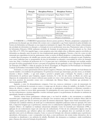 Formação de Professores

134

Duração
80 horas
40 horas
80 horas
80 horas

80 horas

Disciplinas Práticas
Programação na Linguagem
Logo
Processador de Texto e
Planilha
Elaboração de Software
Educacional
Programação na Linguagem
Pascal

Elaboração de Propostas
para os CIEDs

Disciplinas Teóricas
Piaget, Papert e Turkle
Introdução a Computadores
Skinner e Modelagem
Introdução a Redes, a
Inteligência Artificial
e Apresentação dos
EDUCOMs
Introdução à Elaboração de
Projetos e Conferências

O FORMAR I e o FORMAR II apresentaram diversos pontos positivos. Primeiro, propiciaram a preparação de
profissionais da educação que não tinham tido contato com o computador e que foram responsáveis pelas atividades nos
Centros de Informática na Educação ou nas respectivas instituições de origem. Eles tinham como função a disseminação
das atividades de informática na educação e a formação de novos profissionais nessa área. Praticamente todos os Centros
de Informática Educativa (CIEd) realizaram atividades de formação de profissionais, como foi relatado na Em Aberto
(Ano XII, no 57, 1993). Em segundo lugar, o curso propiciou uma visão ampla sobre os diferentes aspectos envolvidos na
informática na educação, tanto do ponto de vista computacional, quanto pedagógico. Terceiro, o fato de o curso ter sido
ministrado por especialistas da área de, praticamente, todos os centros do Brasil, propiciou o conhecimento dos múltiplos
e variados tipos de pesquisa e de trabalho que estavam sendo realizados em informática na educação no país. Finalmente,
esses cursos indicaram para os pesquisadores da área de informática na educação a necessidade de cursos de formação
nessa área. Hoje, a formação de professores do 1o e 2o graus para usar a informática na educação tem recebido atenção
por parte de muitos pesquisadores da área e por parte de programas de pós-graduação, como o Programa de Informática
em Educação da UFRGS e a linha de pesquisa em Novas Tecnologias, do Programa de Pós-Graduação em Educação:
Currículo da Pontifícia Universidade Católica de São Paulo (PUC-SP).
Entretanto, os cursos apresentaram diversos pontos negativos. Primeiro, eles foram realizados em local distante do
local de trabalho e de residência dos participantes. Os professores tiveram que interromper, por dois meses, as atividades
docentes e deixar a família – o que nem sempre é possível e propício para a formação. No entanto, a razão do
deslocamento do professor para Campinas, naquele momento, foi o fato de não existir, no Brasil, um centro que
dispusesse de computadores em número suficiente para atender aos vinte e cinco professores simultaneamente. Para que
isso fosse possível, foi necessário contar com a colaboração das fábricas Sharp e Gradiente que produziam os
microcomputadores MSX.
Segundo, o curso foi demasiadamente compacto. Com isso, tentou-se minimizar o custo de manutenção do
professor ou profissional da secretaria no curso e o tempo que ele deveria se afastar do trabalho e da família. O curso
deixou de oferecer o espaço e o tempo necessários para que os participantes assimilassem os diferentes conteúdos e
praticassem com alunos as novas idéias apresentadas. Os participantes do curso nunca tiveram a chance de vivenciar o
uso dos conhecimentos e técnicas adquiridas e receber orientação quanto à sua performance de educador no ambiente de
aprendizado, baseado na informática.
Terceiro, muitos desses participantes voltaram para o seu local de trabalho e não encontraram as condições
necessárias para a implantação da informática na educação. Isso aconteceu tanto por falta de condições físicas (falta do
equipamento), quanto por falta de interesse por parte da estrutura educacional. Alguns meses foram necessários para a
construção das condições mínimas, de modo que os conhecimentos adquiridos pudessem entrar em operação. Por outro
lado, é impossível imaginar que os professores, somente com os conhecimentos adquiridos, fossem capazes de enfrentar
situações difíceis e de implantar as mudanças educacionais almejadas. Como foi mostrado por Ackermann (1990), a
aplicação de um conhecimento requer um outro tipo de conhecimento. O fato de nós conhecermos alguma coisa não
implica, necessariamente, que saibamos aplicar esse conhecimento. A sua aplicação deve ser exercitada de modo a
aprender como usá-lo em diferentes situações. Como os cursos de formação não oferecem condições para os professores
aprenderem, efetivamente, a usar o computador com aluno, a esses professores não restam muitas alternativas: eles se
acomodam ou abandonam o seu ambiente de trabalho. Resultado: não alcançamos as mudanças e ainda contribuímos
para o fracasso dos cursos de formação de professores!

 