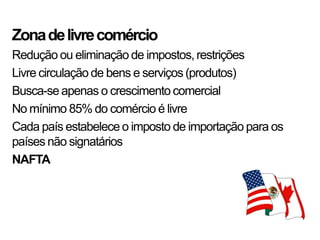 Zona de livre comércio
Redução ou eliminação de impostos, restrições
Livre circulação de bens e serviços (produtos)
Busca-se apenas o crescimento comercial
No mínimo 85% do comércio é livre
Cada país estabelece o imposto de importação para os
países não signatários
NAFTA
 